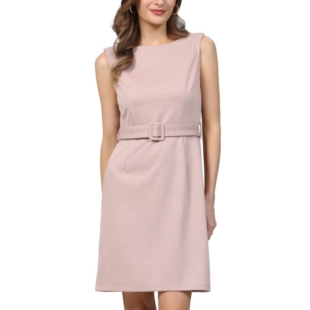 Women Plaid Houndstooth Boat Neck Belted Sleeveless A-Line Dress Pink
